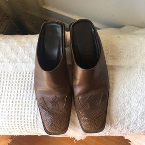 Vintage brown leather mules with snakeskin toe